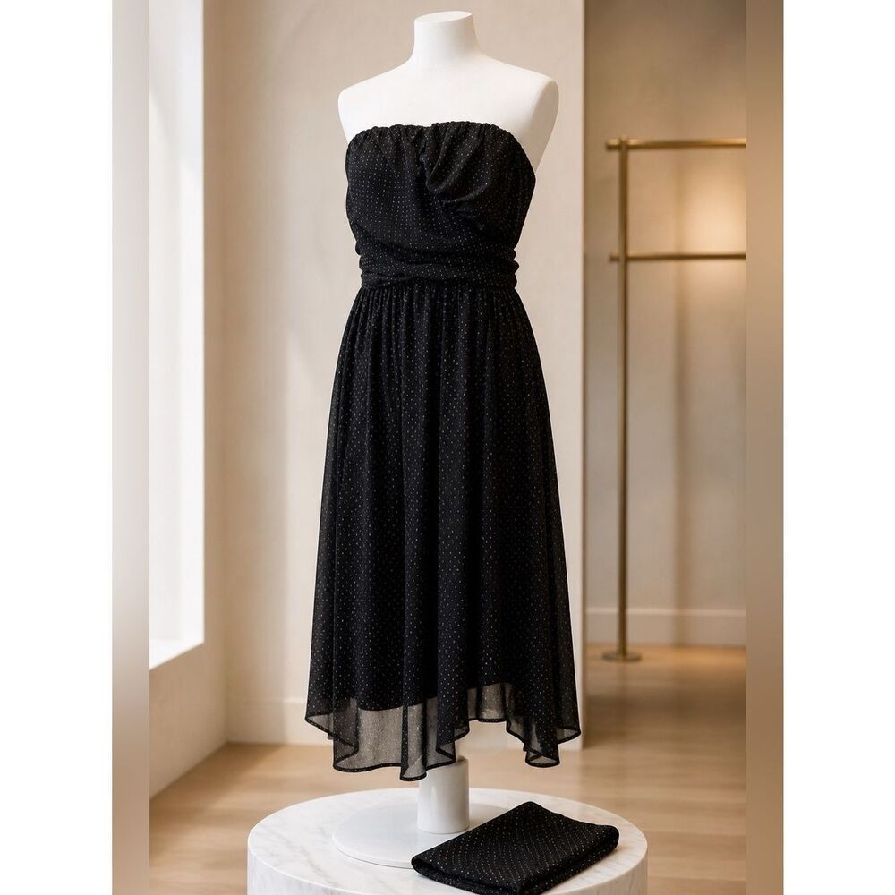 LANE BRYANT BLACK WITH GOLD DOTS STRAPLESS CHIFFON DRESS FULLY LINED SIZE 20 EUC